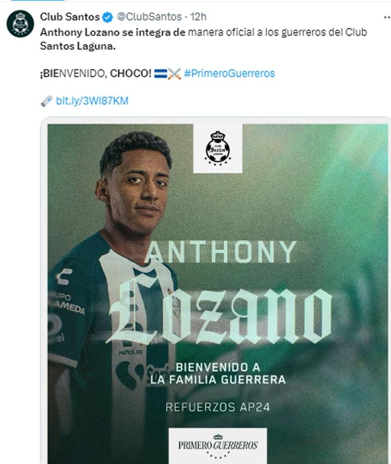 El Santos Laguna anunció en sus redes sociales de manera oficial el fichaje del hondureño Antony ‘Choco’ Lozano.