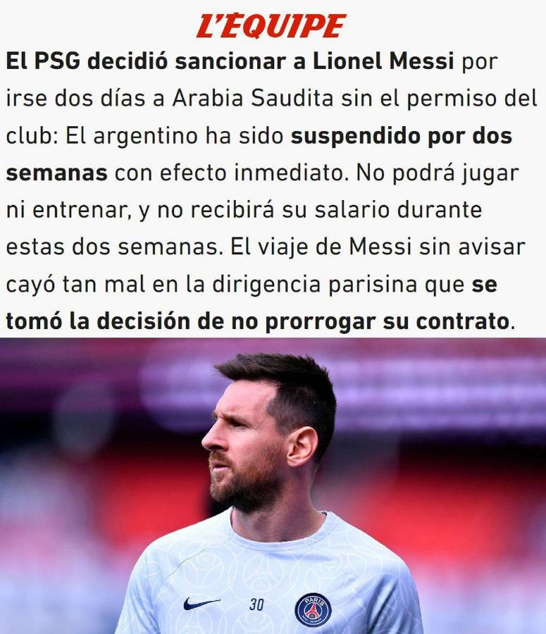 L’Équipe ha informado que el PSG ha tomado la decisión de no renovar a Leo Messi.