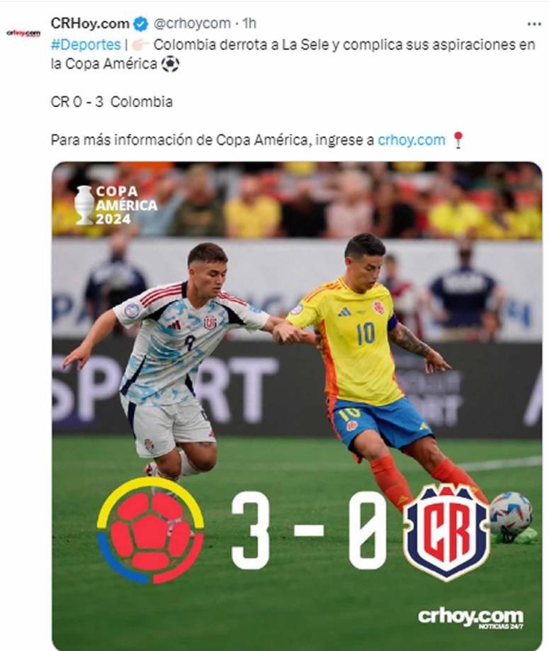 CRHoy de Costa Rica - “Colombia derrota a La Sele y complica sus aspiraciones en la Copa América”.
