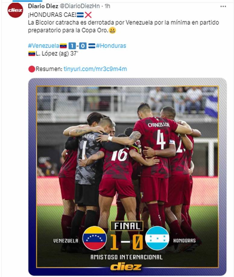 Diario Diez - “La Bicolor catracha es derrotada por Venezuela por la mínima en partido preparatorio para la Copa Oro”.