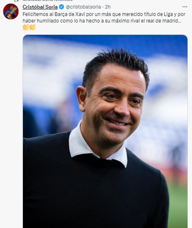 Cristóbal Soria de El Chiringuito y su “recadito” en contra del Madrid: “Felicitemos al Barça de Xavi por un más que merecido título de Liga y por haber humillado como lo ha hecho a su máximo rival el Real de Madrid...”