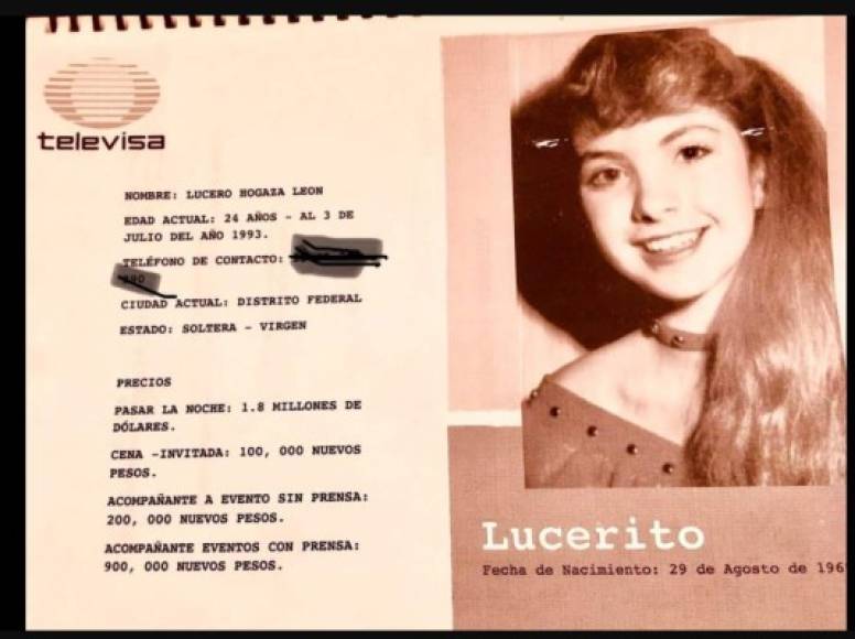 Hace unos meses se filtró en redes sociales una foto de Lucero que supuestamente sería parte del catálogo. En la imagen se pueden ver las diferentes tarifas por ser acompañante a evento sin prensa, acompañante a evento con prensa, invitada a una cena y por pasar la noche. <br/><br/>Sin embargo, la imagen resultó ser falsa, pues se trata de una foto ochentera que no correspondería con los 24 años de edad que tendría la cantante en 1993, época a la cual correspondería la ficha.<br/>