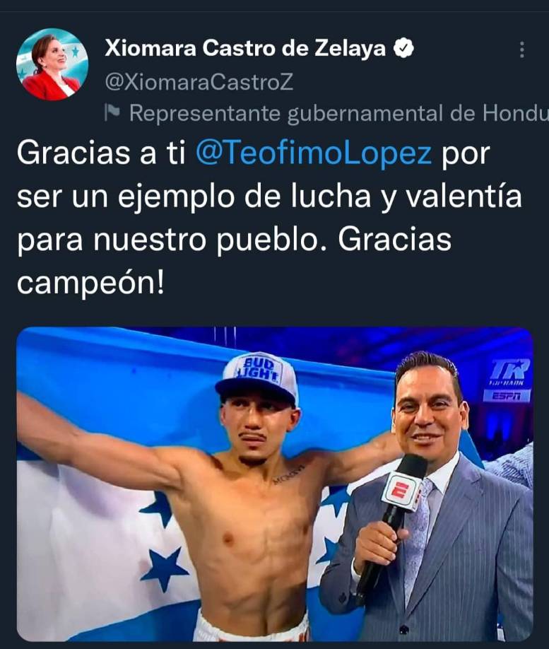 La presidenta Xiomara Castro tuvo palabras de elogios para Teófimo López: “Gracias por ser un ejemplo de lucha y valentía para nuestro pueblo. Gracias campeón”, fue el mensaje de la mandataria de Honduras.