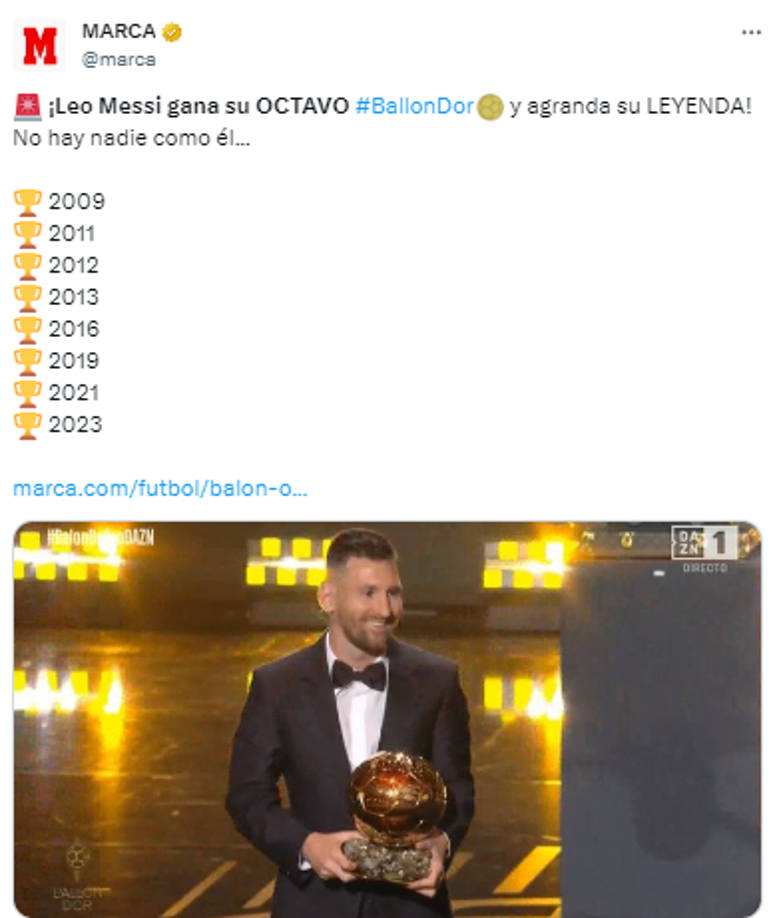 Diario Marca de España: “¡Leo Messi gana su OCTAVO #BallonDor y agranda su LEYENDA! No hay nadie como él... “