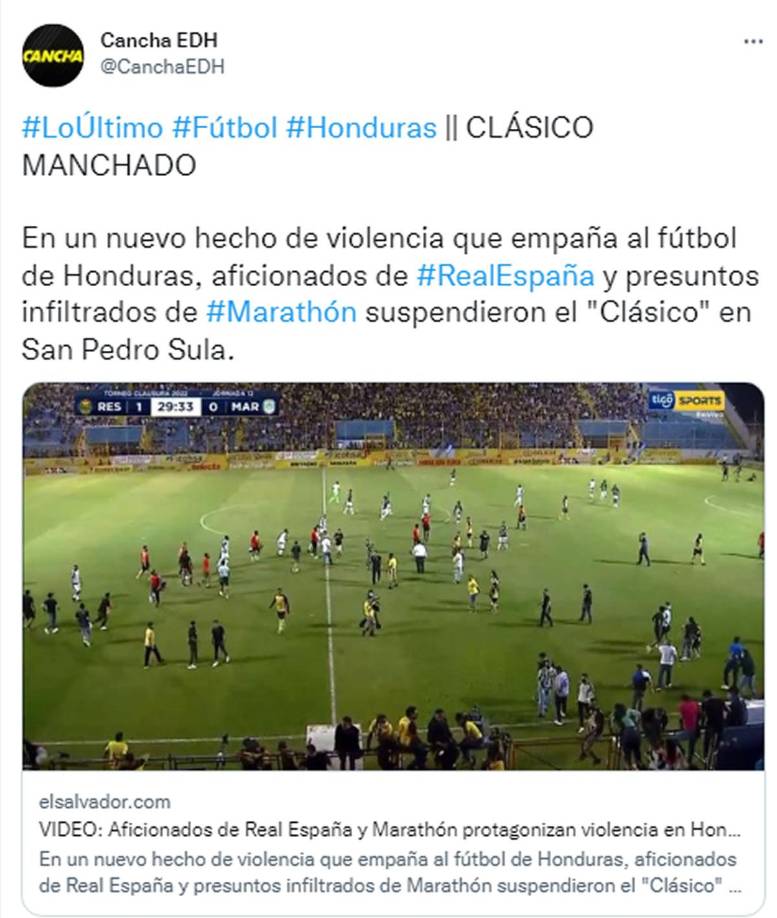 Cancha EDH de El Salvador - “Clásico manchado. En un nuevo hecho de violencia que empaña al fútbol de Honduras, aficionados de Real España y presuntos infiltrados de Marathón suspendieron el “Clásico” en San Pedro Sula”.