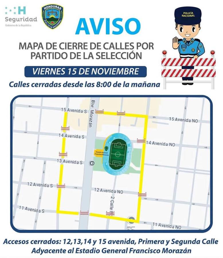 El informe de la Policía Nacional sobre las calles y avenidas que estarán cerradas.