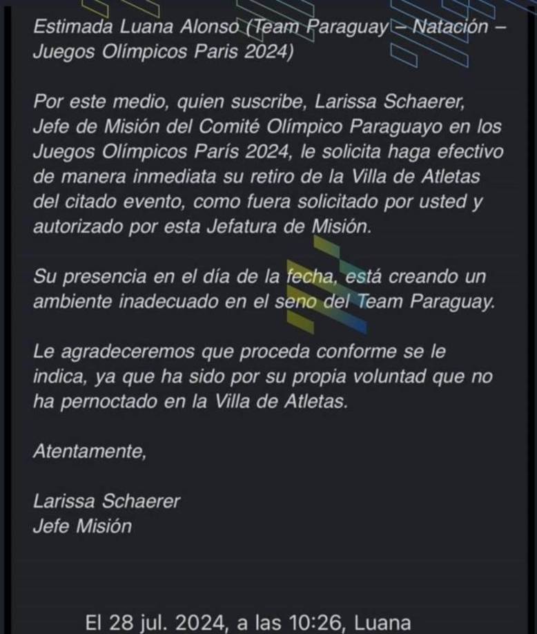 Ante ello, el Comité Olímpico Paraguayo decidió expulsarla de la Villa de Atletas, situación que generó mucho revuelo.