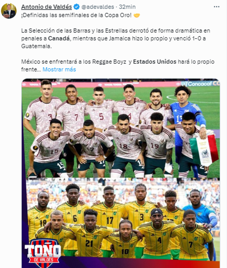 Antonio de Valdés: “La Selección de las Barras y las Estrellas derrotó de forma dramática en penales a Canadá, mientras que Jamaica hizo lo propio y venció 1-0 a Guatemala”.