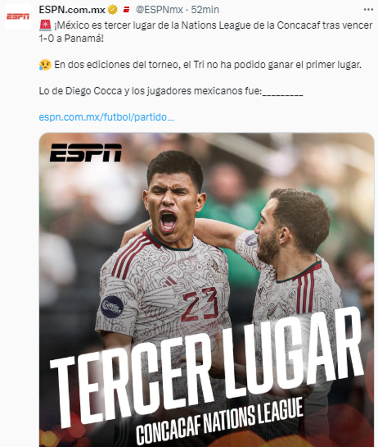 ESPN: “En dos ediciones del torneo, el Tri no ha podido ganar el primer lugar”.