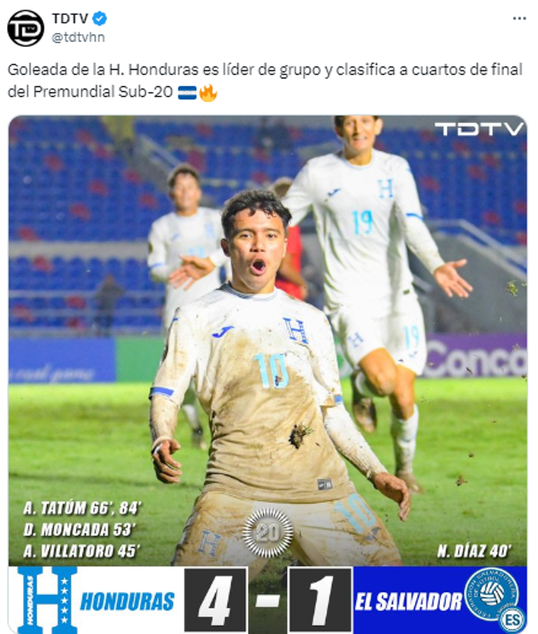 “Goleada de la H. Honduras es líder de grupo y clasifica a cuartos de final del Premundial Sub-20”, TDTV.