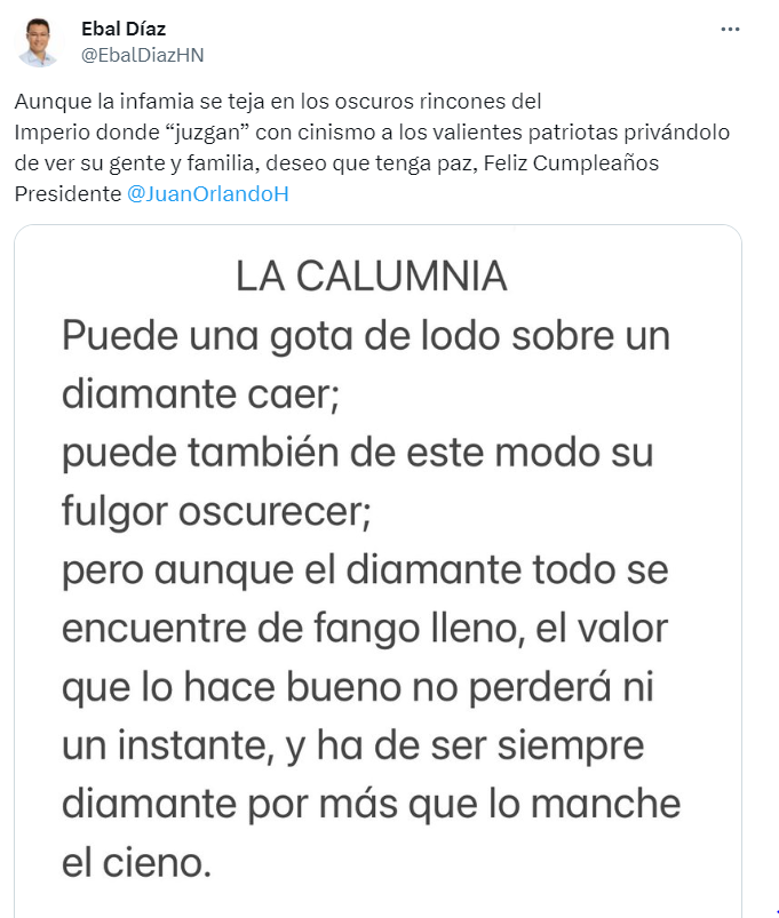 Publicación del exministro de la Presidencia, Ebal Díaz, en su cuenta oficial de X (antes Twitter). 