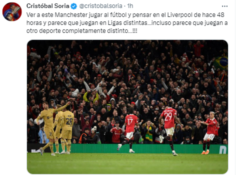 Cristóbal Soria: “Ver a este Manchester jugar al fútbol y pensar en el Liverpool de hace 48 horas y parece que juegan en Ligas distintas...incluso parece que juegan a otro deporte completamente distinto...”