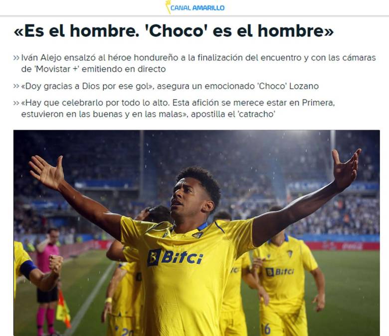  La Voz Digital - “Es el hombre. ‘Choco’ es el hombre”. Así ensalzó el jugador del Cádiz, Iván Alejo, al héroe hondureño a la finalización del encuentro y con las cámaras de ‘Movistar +’ emitiendo en vivo.
