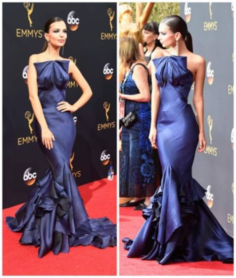 La modelo Emily Ratajkowski de Zac Posen en la alfombra de los premios Emmy 2016.