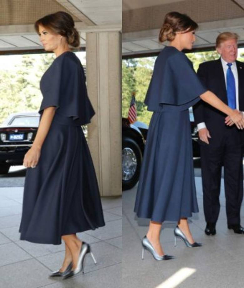 Para esa ocasión ligada a la tradición, la primera dama usó un vestido Dior de color azul marino, con mangas de ángel, ceñido a la cintura que revelaba solo la piel de sus tobillos.