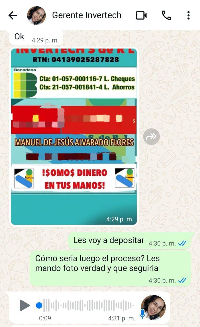 Momento cuando la gerente regional de Invertech envía cuentas bancarias a un periodista de LA PRENSA Premium, quien se hizo pasar como cliente interesado, para que realice un depósito e ingrese como socio.