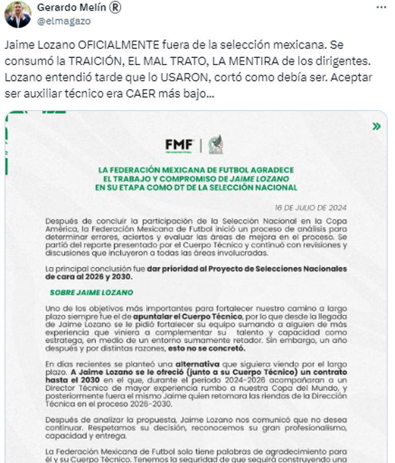 “Se consumó la traición, el maltrato, la mentira de los dirigentes. Lozano entendió tarde que lo usaron, cortó como debía ser. Aceptar ser auxiliar técnico era caer más bajo...”