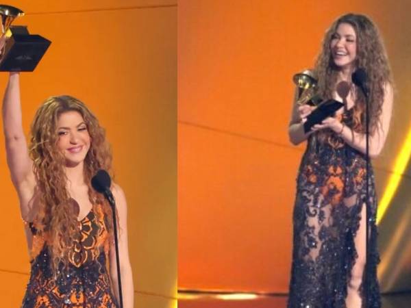 Collage de fotos del momento en que Shakira alzó su premio en honor a los latinos que residen en Estados Unidos.