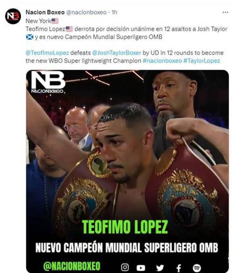Nación Boxeo: “Teófimo López, nuevo campeón mundial superligero OMB”.