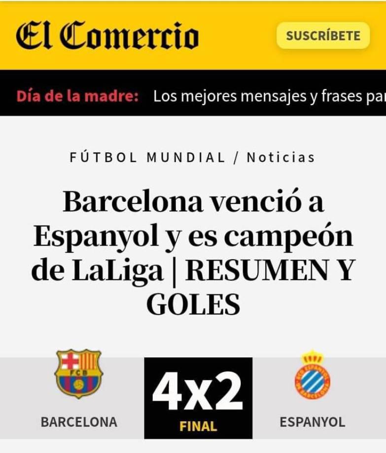 El Comercio: “Barcelona venció a Espanyol y es campeón de LaLiga”.