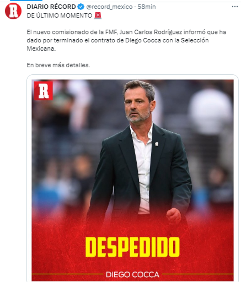 Así informó Diario El Récord la noticia sobre el despido de Diego Cocca.