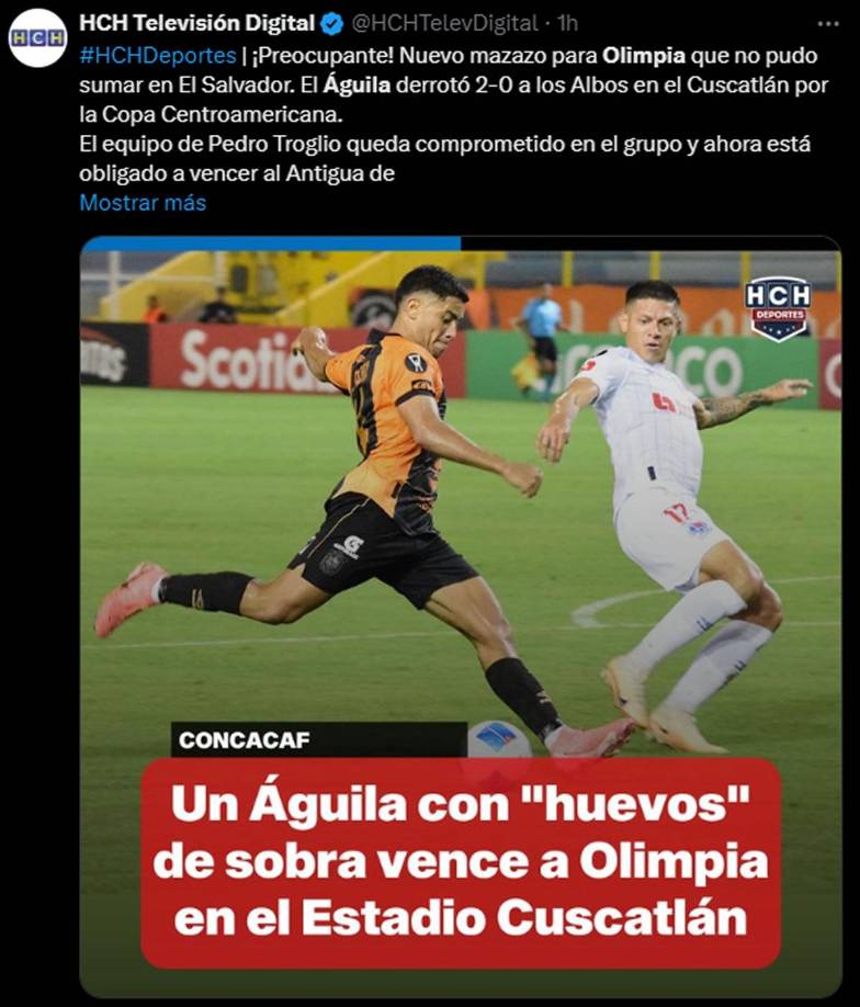HCH: “¡Preocupante! Nuevo mazazo para Olimpia que no pudo sumar en El Salvador. El Águila derrotó 2-0 a los Albos en el Cuscatlán por la Copa Centroamericana”. 