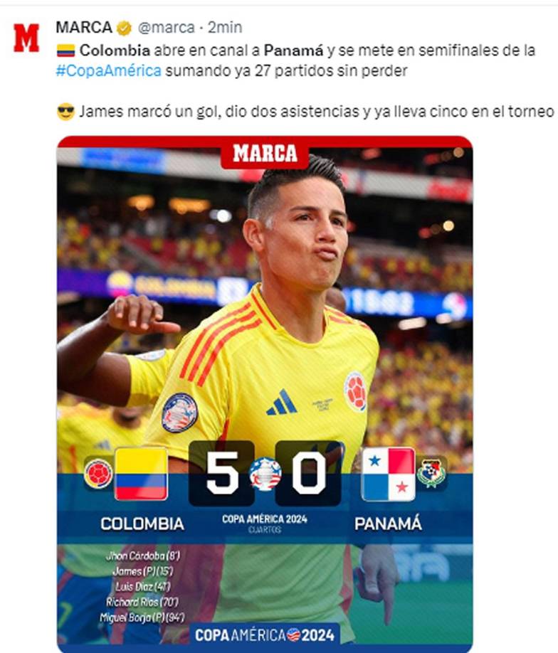 Diario Marca - “Colombia abre en canal a Panamá y se mete en semifinales de la Copa América sumando ya 27 partidos sin perder”.