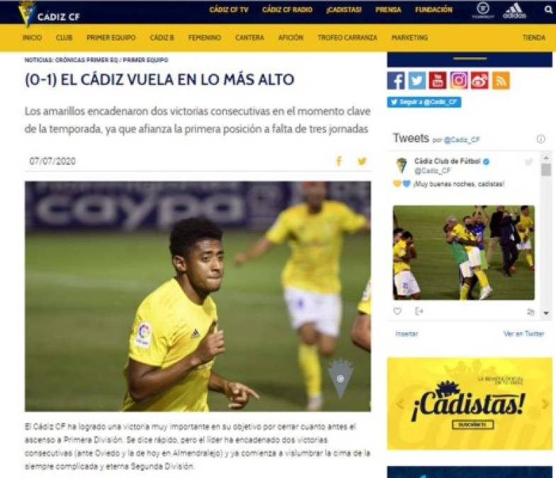 Página oficial del Cádiz - 'El Cádiz vuela en lo más alto'. 'Los amarillos encadenaron dos victorias consecutivas en el momento clave de la temporada, ya que afianza la primera posición a falta de tres jornadas'. 'El encuentro tuvo un solo gol y lo hizo el ‘Choco’ Lozano tras cazar magistralmente un centro lateral por la derecha de José Mari'.