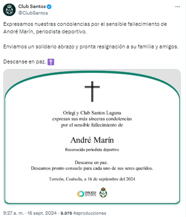 Club Santos: “Expresamos nuestras condolencias por el sensible fallecimiento de André Marín, periodista deportivo”.