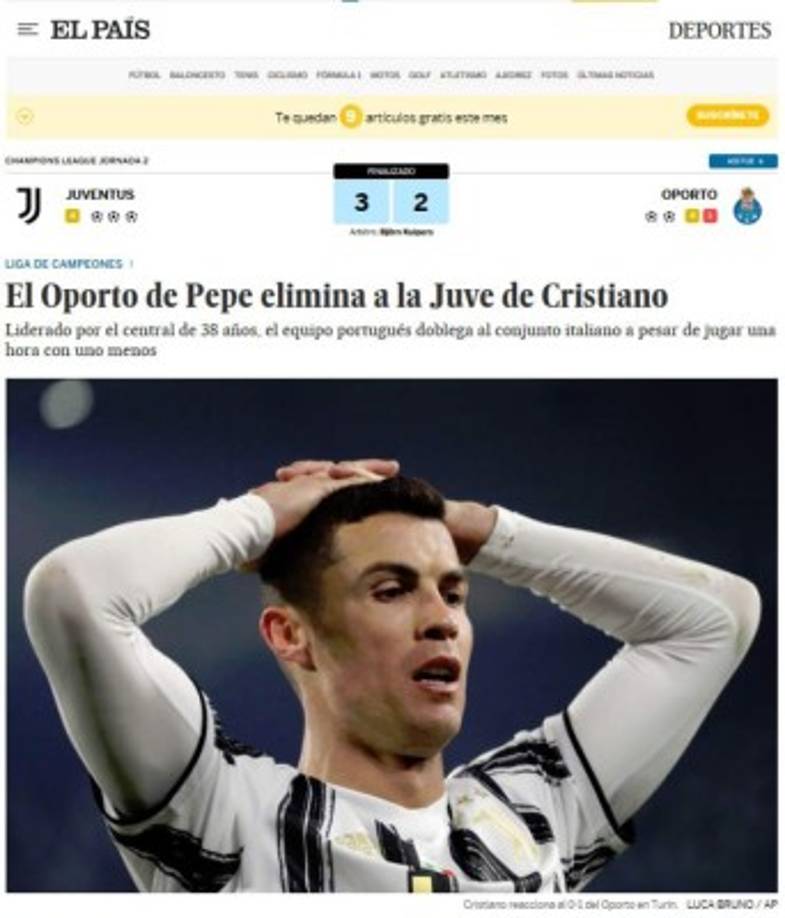 El País de España sentencia la frustración de Cristiano Ronaldo ante Oporto. Pepe, veterano de 38 años, superó a su compatriota, de opaca actuación.