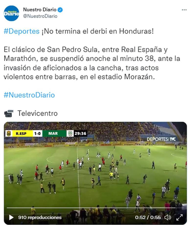 Nuestro Diario de Guatemala - “¡No termina el derbi en Honduras! El clásico de San Pedro Sula, entre Real España y Marathón, se suspendió anoche al minuto 38, ante la invasión de aficionados a la cancha, tras actos violentos entre barras, en el estadio Morazán”.