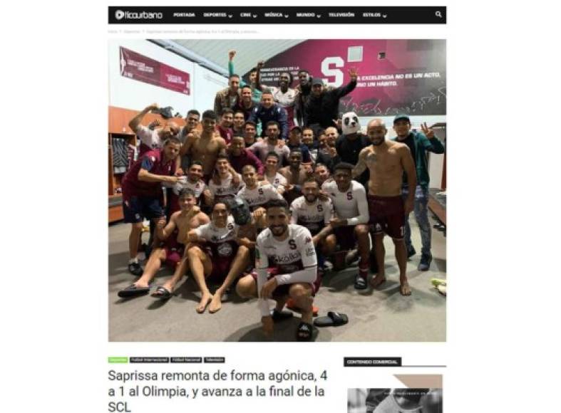 Página web Tico Urbano: 'Saprissa remonta de forma agónica, 4 a 1 al Olimpia, y avanza a la final de la SCL'.