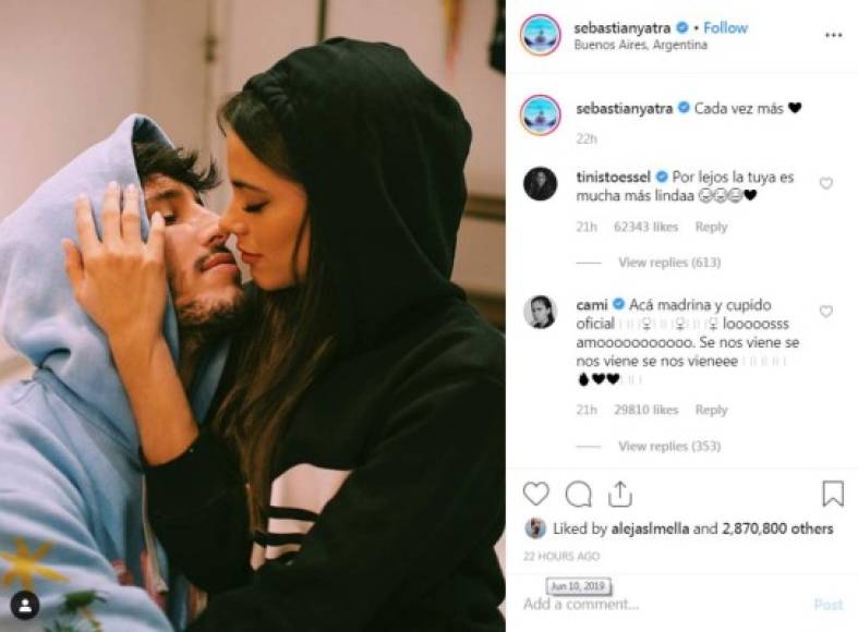 Luego, el colombiano subió en su propia cuenta en Instagram una foto junto a Tini. 'Cada vez más', se limitó a escribir, junto a un corazón. Tini comentó la imagen: 'Por lejos la tuya es mucho más linda', refiriéndose a la imagen utilizada para hacer oficial su romance en las redes sociales.<br/><br/><br/>