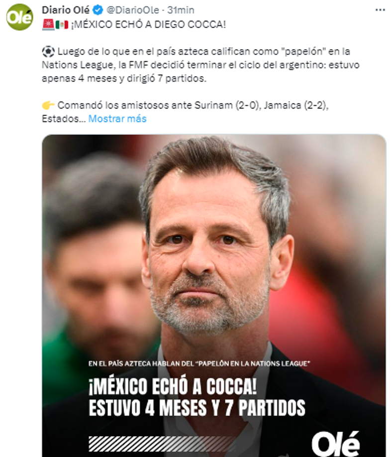 Diario Olé de Argentina: “¡MÉXICO ECHÓ A DIEGO COCCA!”.