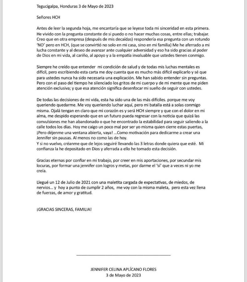 Jennifer Aplícano renuncia a HCH y esta es la razón