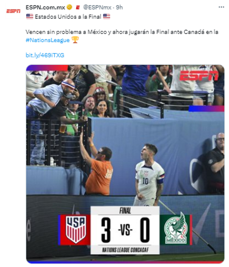 ESPN: “Estados Unidos a la fnal. Vencen sin problema a México y ahora jugarán la Final ante Canadá en la National League”.