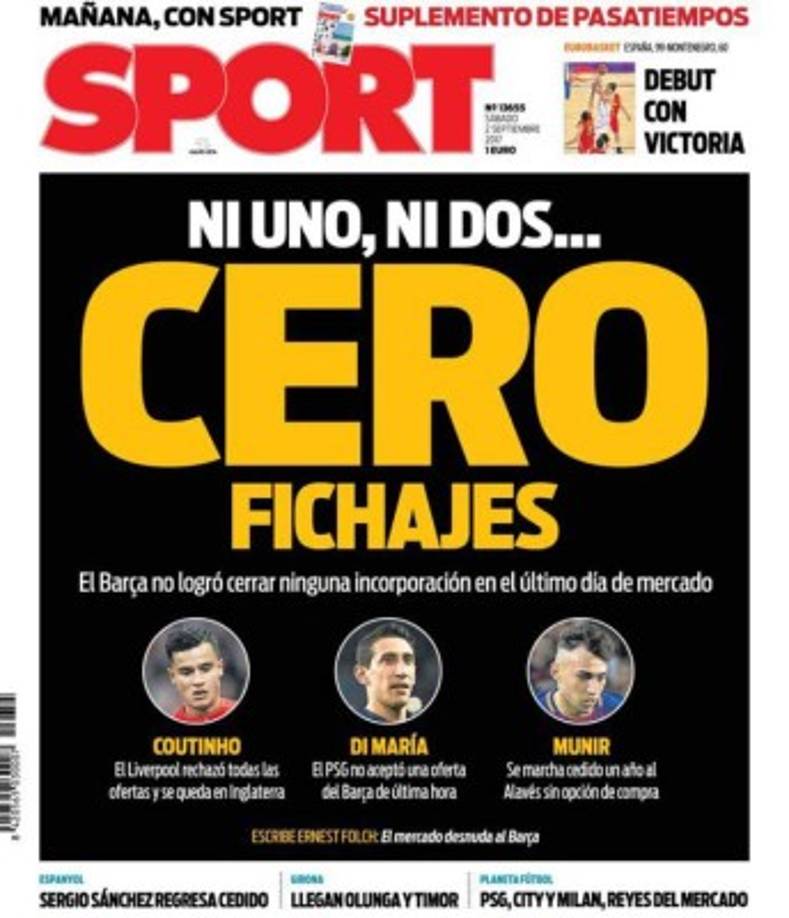 Diario Sport de España lamenta que el Barcelona no fichó a Coutinho en el cierre del mercado de fichajes.
