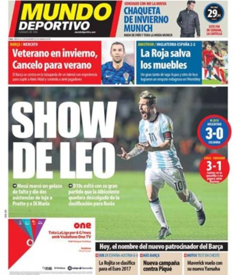 En España Mundo Deportivo alaba a Messi y su gran nivel contra Colombia.