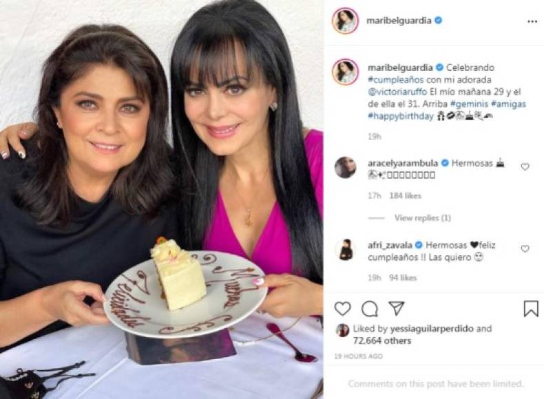 Maribel Guardia festejó su cumpleaños al lado de la actriz Victoria Ruffo, quien estará de plácemes el próximo 31 de mayo. “Celebrando #cumpleaños con mi adorada @victoriaruffo El mío el 29 y el de ella el 31. Arriba #geminis #amigas #happybirthday”, dijo en sus redes sociales junto a una foto con Ruffo.