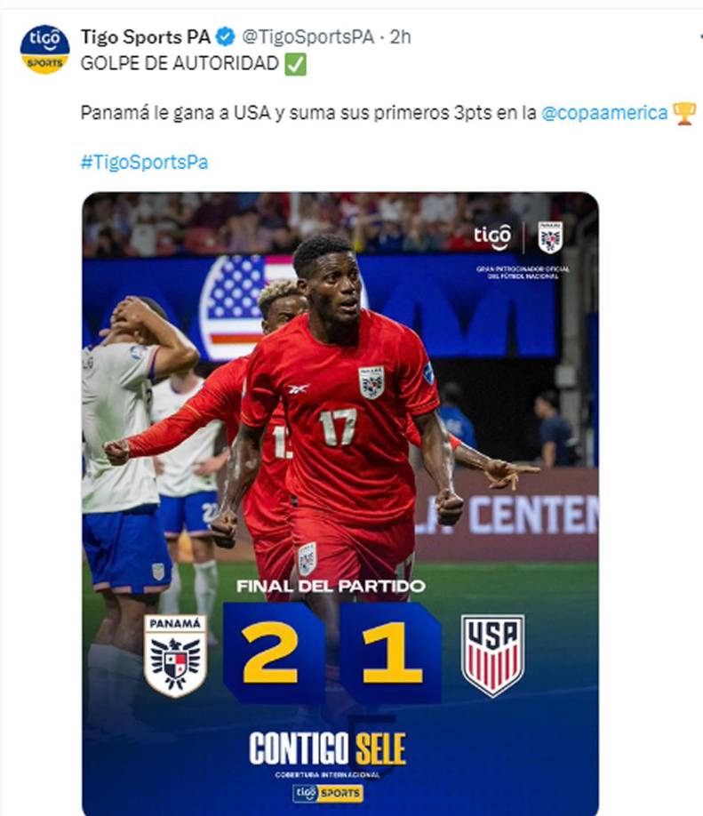 Tigo Sports de Panamá - “Golpe de autoridad. Panamá le gana a USA y suma sus primeros 3pts en la Copa América”.
