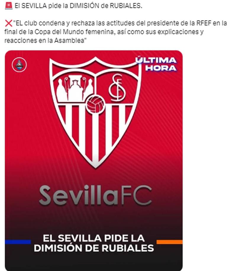 El Sevilla emitió un comunicado pidiendo la dimisión de Luis Rubiales.