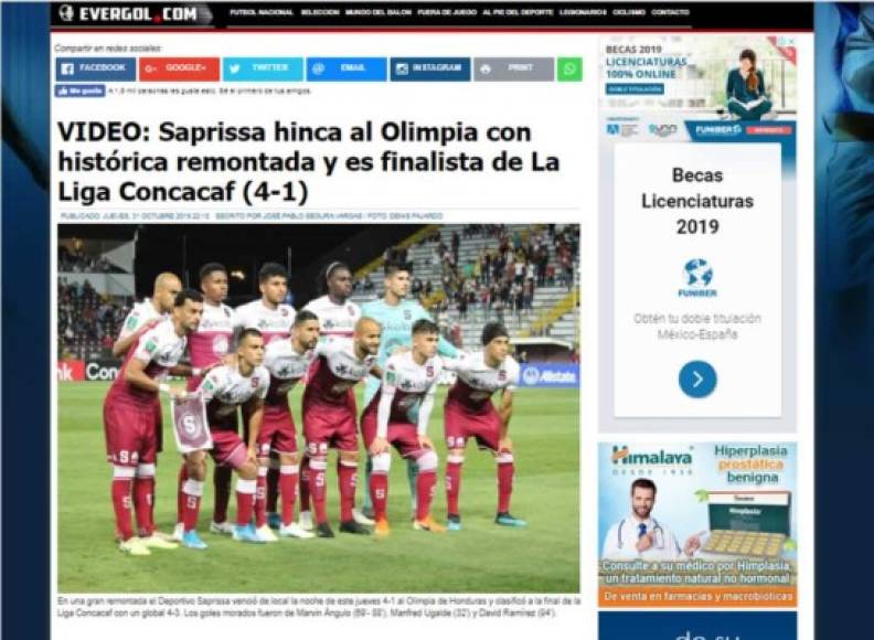 Página Al pie del deporte de Everardo Herrera: 'Saprissa hinca al Olimpia con histórica remontada y es finalista de la Liga Concacaf (4-1)'.