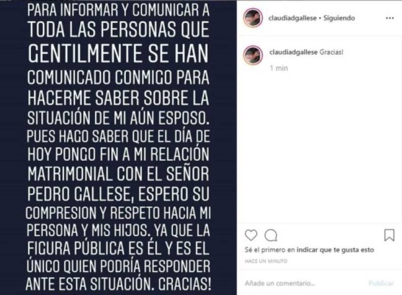 “Para informar y comunicar a todas las personas que gentilmente se han comunicado conmigo para hacerme saber sobre la situación de mi aún esposo. Pues hago saber que el día de hoy pongo fin a mi relación matrimonial con el señor Pedro Gallese”, se lee en su publicación.