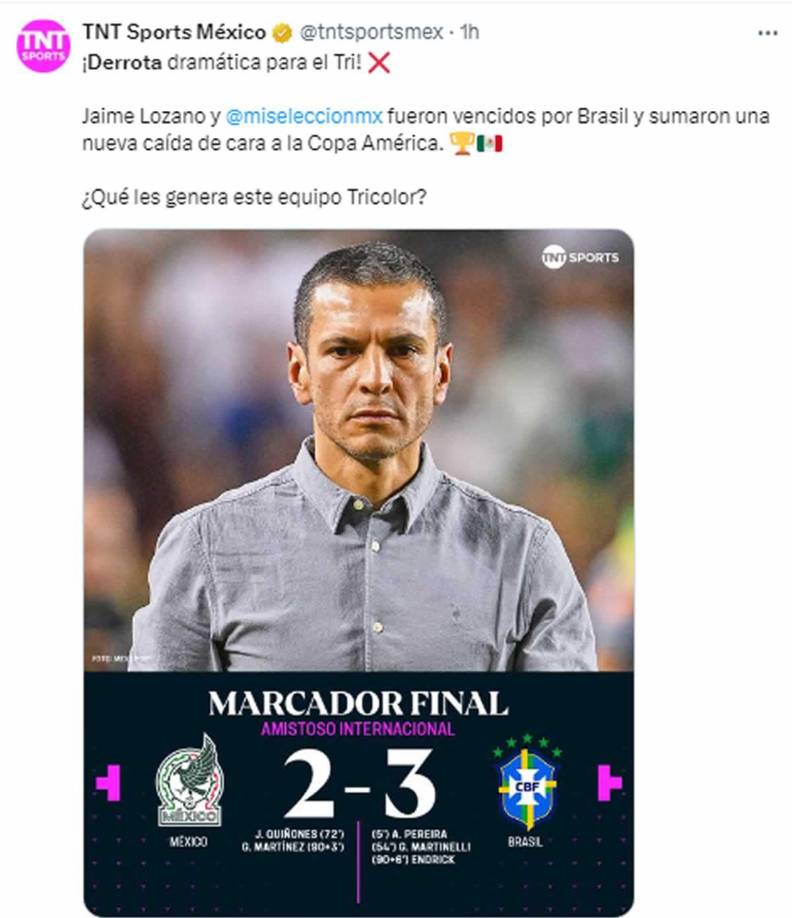 TNT Sports México - “¡Derrota dramática para el Tri! Jaime Lozano y la selección mexicana fueron vencidos por Brasil y sumaron una nueva caída de cara a la Copa América”.