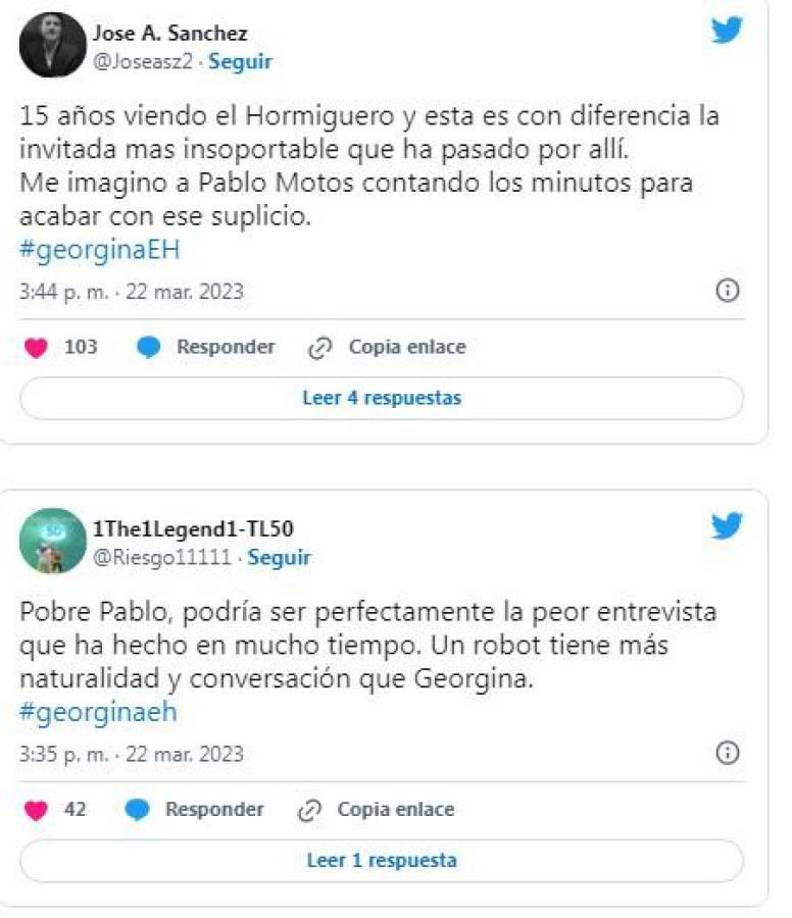 “15 años viendo el Hormiguero y esta es con diferencia y esta es con diferencia la invitada más insoportable que ha pasado por allí”, escribió uno de los usuarios.