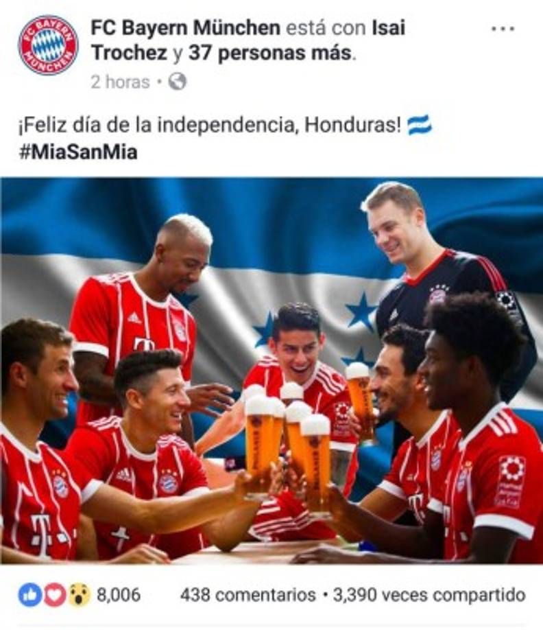 El club deportivo alemán, Bayern Múnich, brindaron por la independencia hondureña en este tuit.