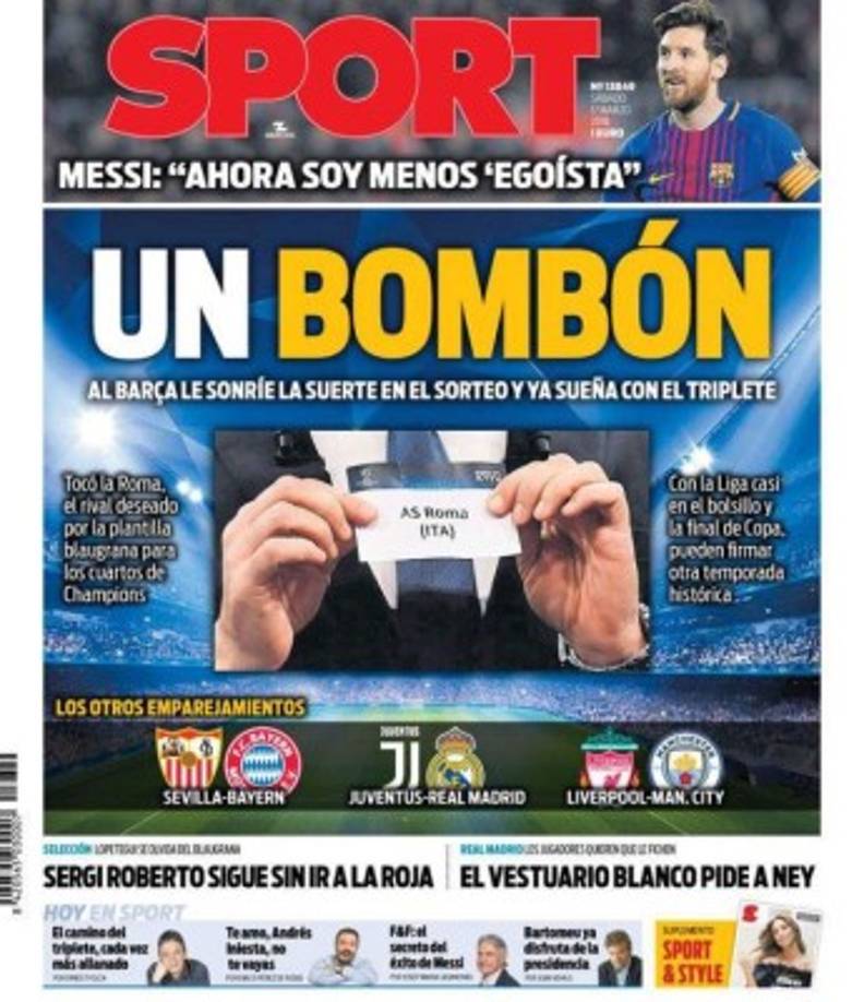 Esta había sido la portada de Diario SPORT cuando al Barcelona le tocó la Roma en sl sorteo de Champions.