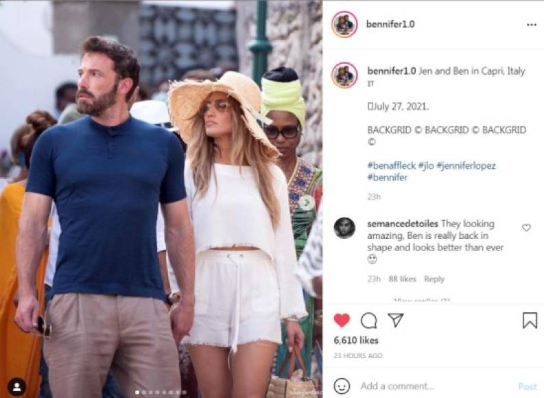 Jennifer López y Ben Affleck fueron fotografiados ayer en Capri, Italia.