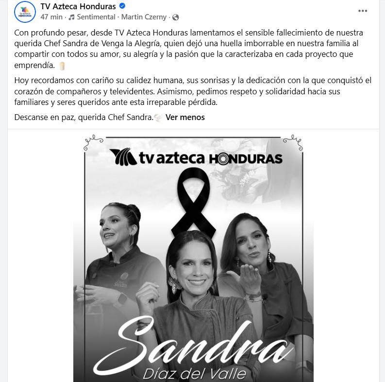 Conmoción en la televisión hondureña por la muerte de la chef Sandra Díaz