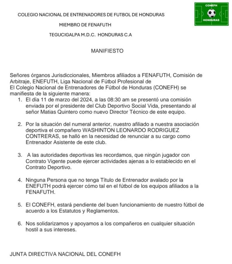 Colegio de entrenadores de Honduras lanzó un comunicado en donde advierte al Vida.